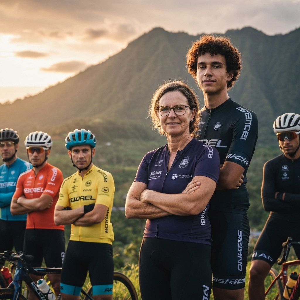 Happy group of cyclists posing with their bikes against a stunning mountain backdrop in Bali
